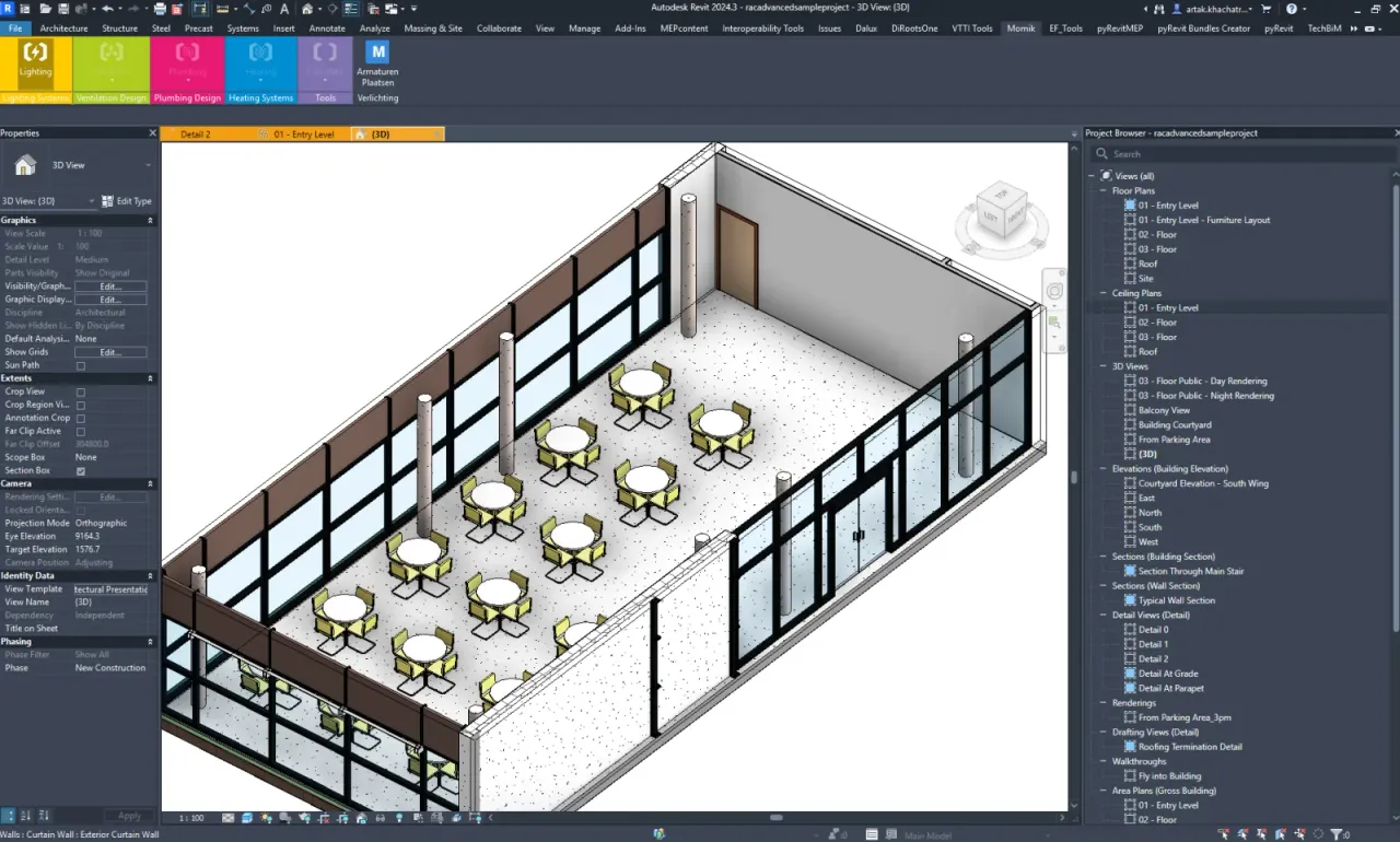 Momik plugin room list in Revit — each room with its lighting function