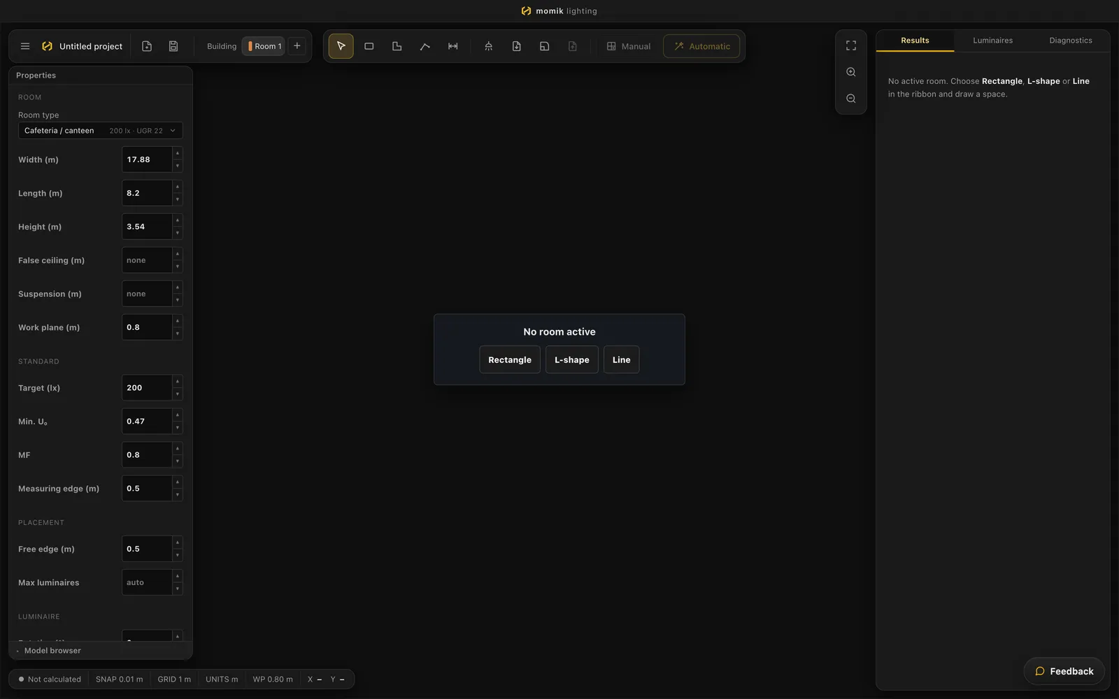 Momik editor: new project with a blank canvas, ready to draw a room