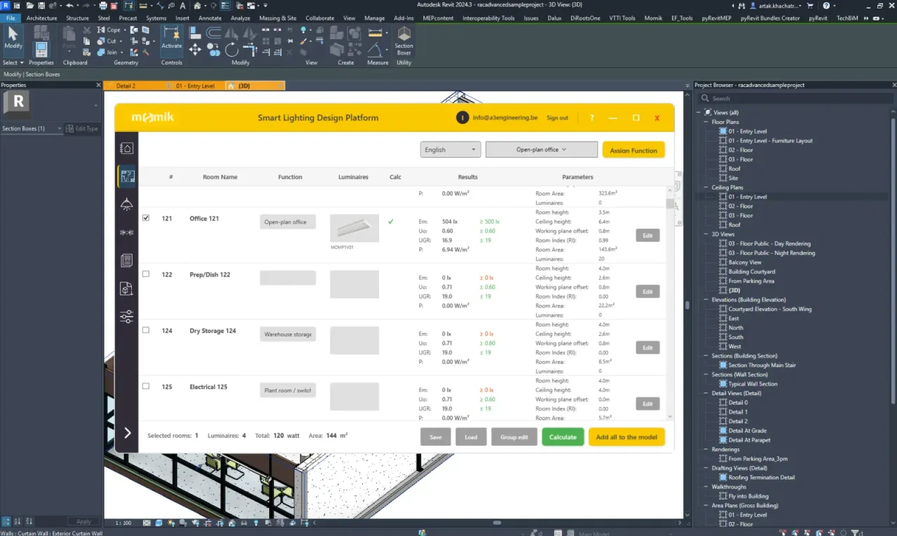 Room list per level with functions and parameters