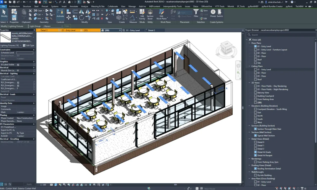 3D Revit view with the calculated luminaires placed in the ceiling