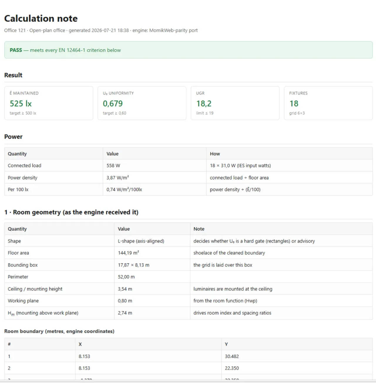 Standards-compliant calculation note with results and geometry