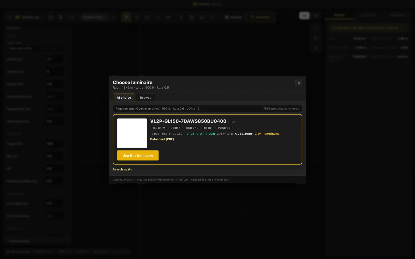 Selection dialog: 7,563 products calculated, best match on price with a passing result