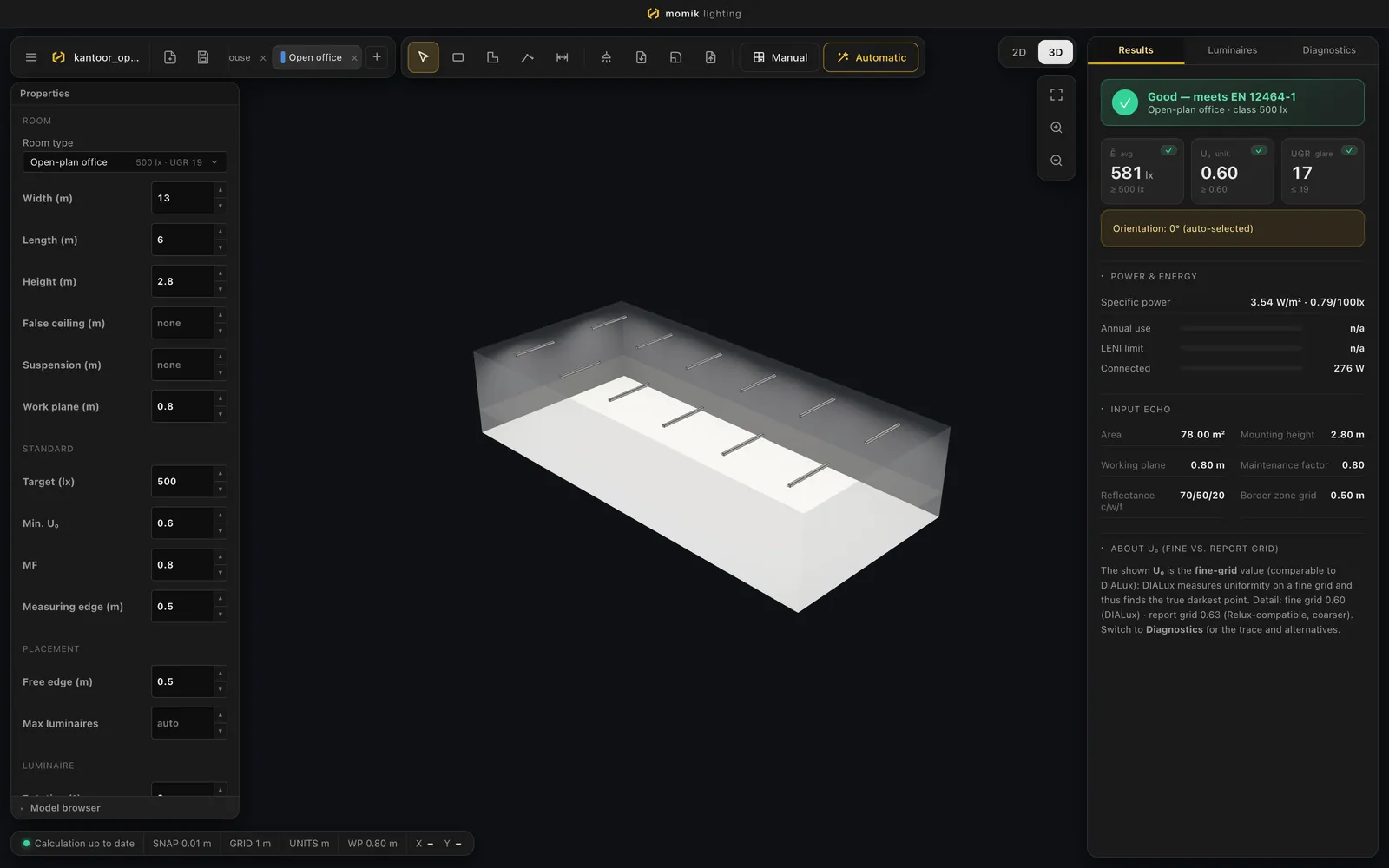 3D view of the open office with twelve ceiling luminaires and a lit floor