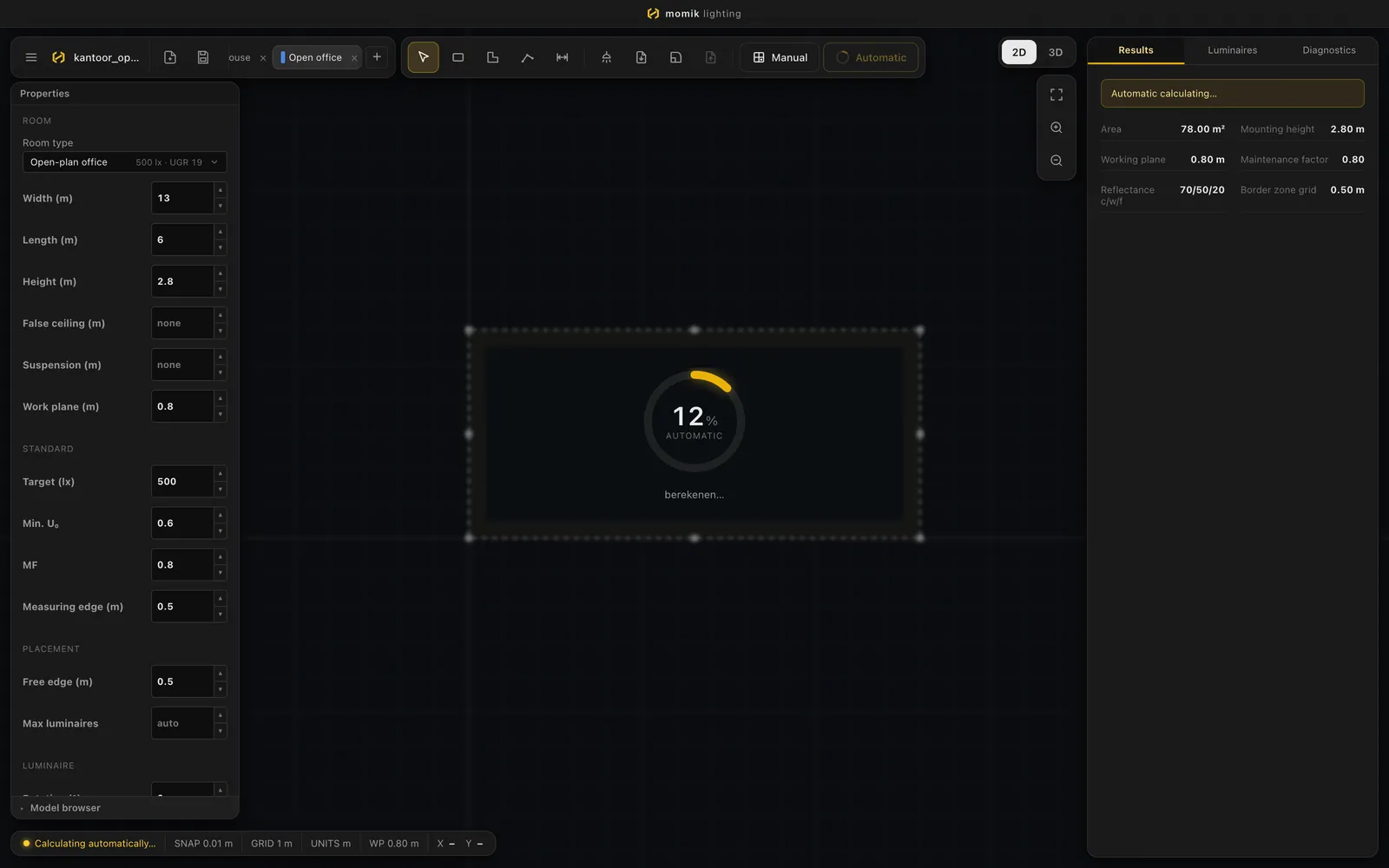 Automatic placement in progress: progress ring at 12 percent in the room