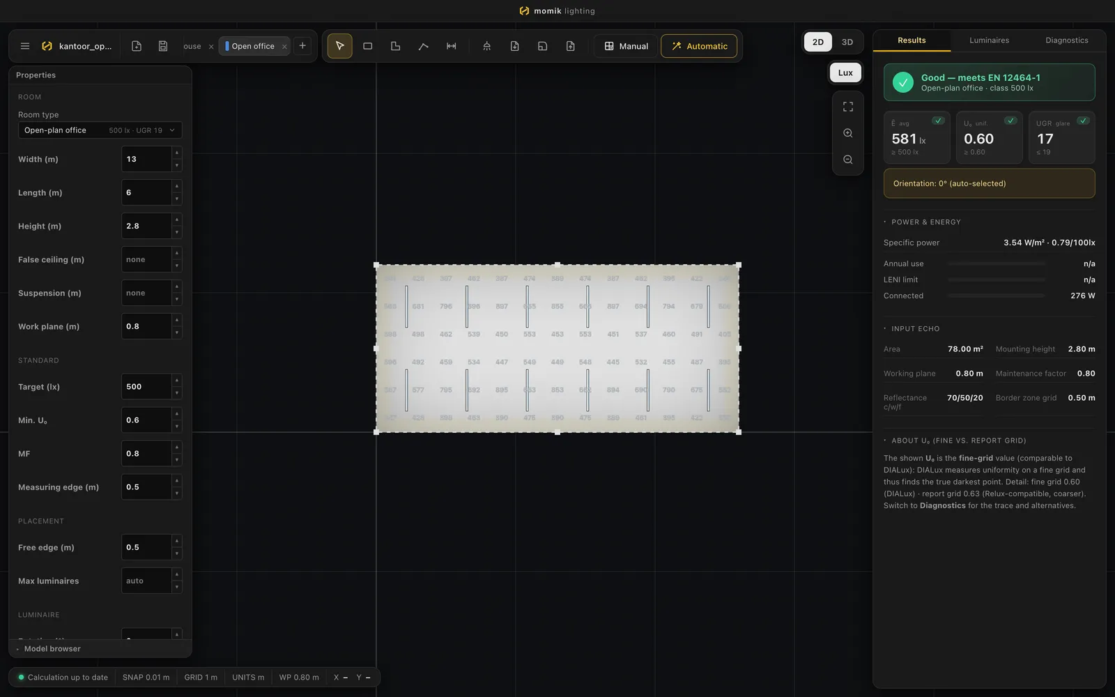 The same room with the calculated lux grid per point on the work plane