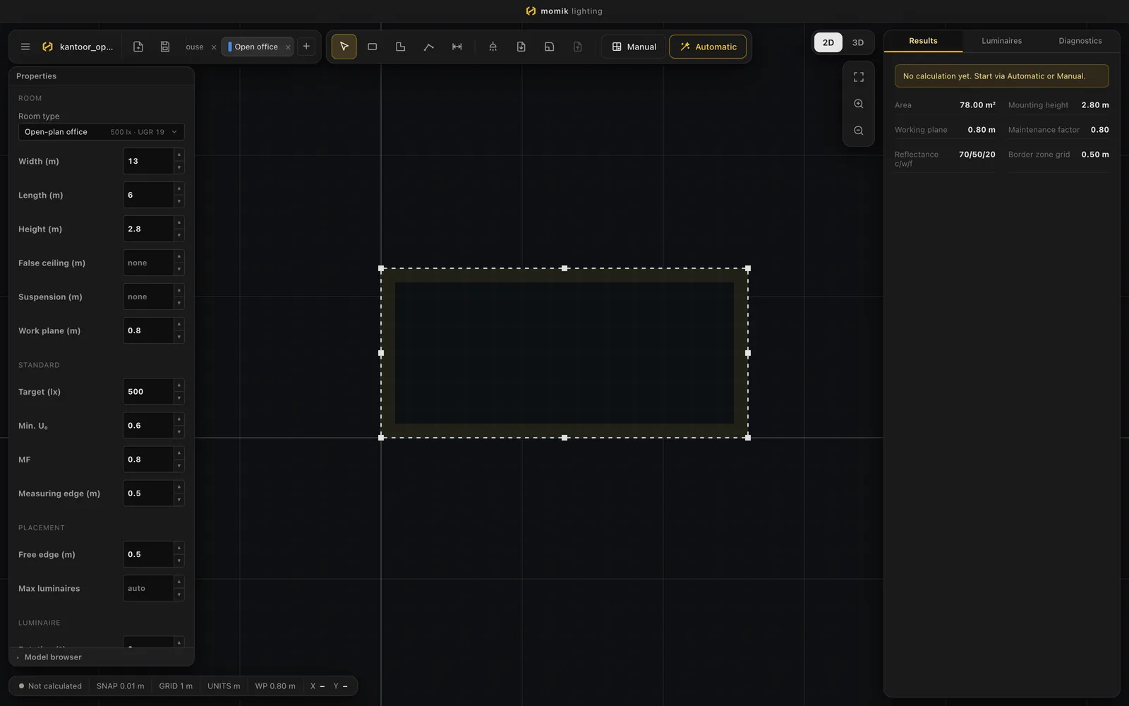 A drawn open office of 13 × 6 m, not yet calculated